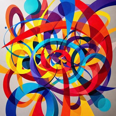 The primary subject of the image is a colorful, abstract painting featuring a variety of shapes and colors. The painting is displayed on a gray wall, which serves as the setting or background. The visual style of the painting is a mix of digital art and illustration, creating a vibrant and dynamic atmosphere. The dominant colors in the painting include red, blue, yellow, and purple, which contribute to the overall mood and energy of the artwork.